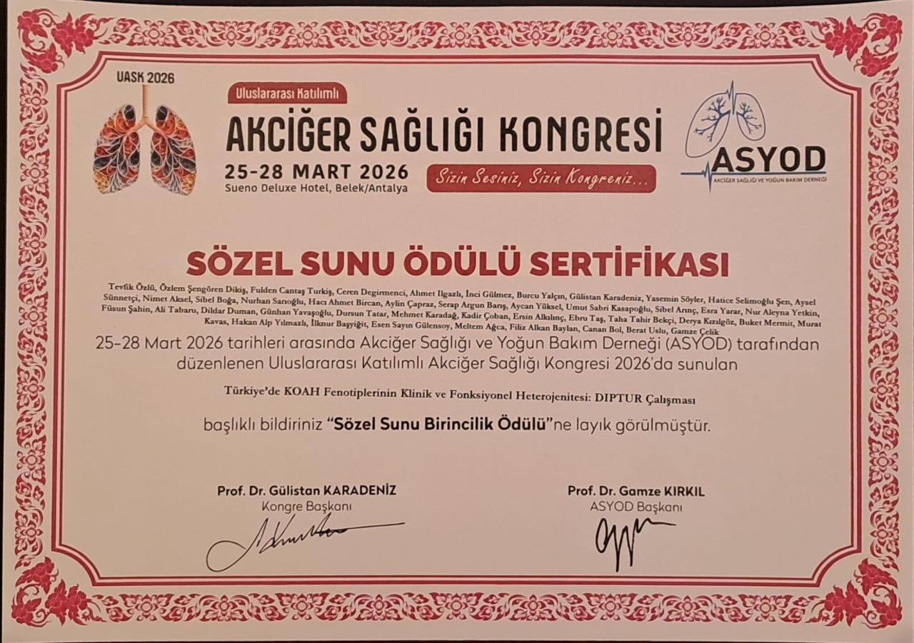 Göğüs Hastalıkları Anabilim Dalı Öğretim Üyesi Doç. Dr. Özlem Şengören Dikiş’e “Sözel Sunu Birincilik Ödülü”