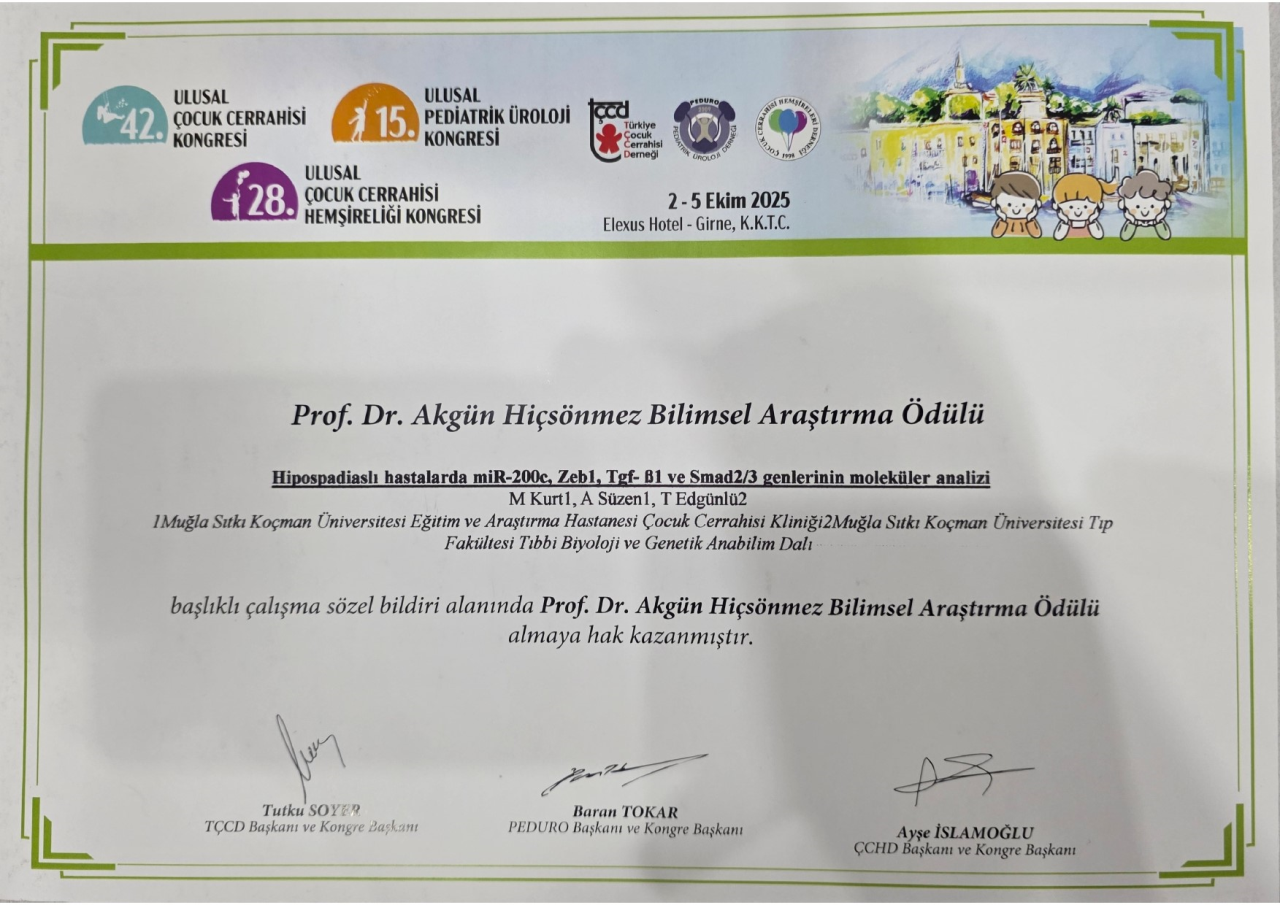 Çocuk Cerrahisi Anabilim Dalı Araştırma Görevlisi Dr. Muhammet Kurt’a  “Prof. Dr. Akgün Hiçsönmez Bilimsel Araştırma Ödülü’’