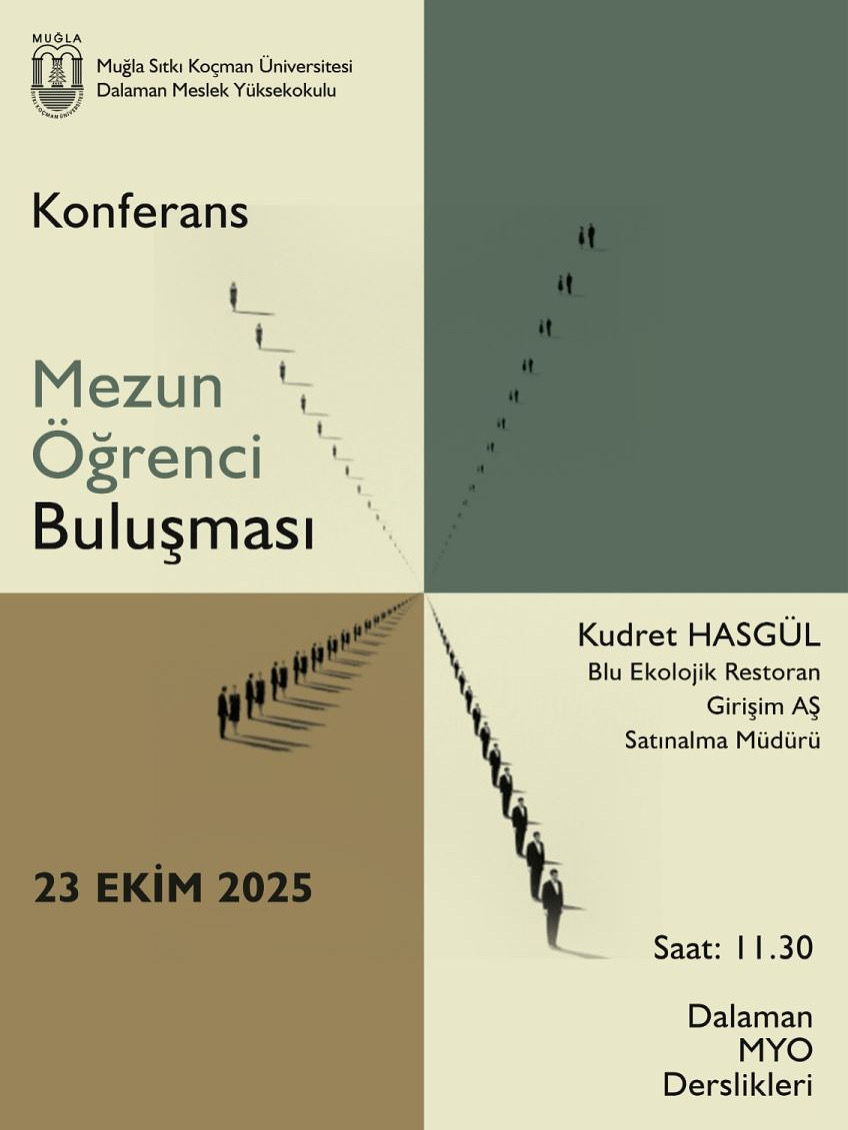 Dört panelli minimalist afiş: ‘Konferans – Mezun Öğrenci Buluşması’ başlığı; konuşmacı bilgisi; ‘23 Ekim 2025 – Saat 11.30 – Dalaman MYO Derslikleri’ detayı; zeminde yürüyen insan silüetleri.